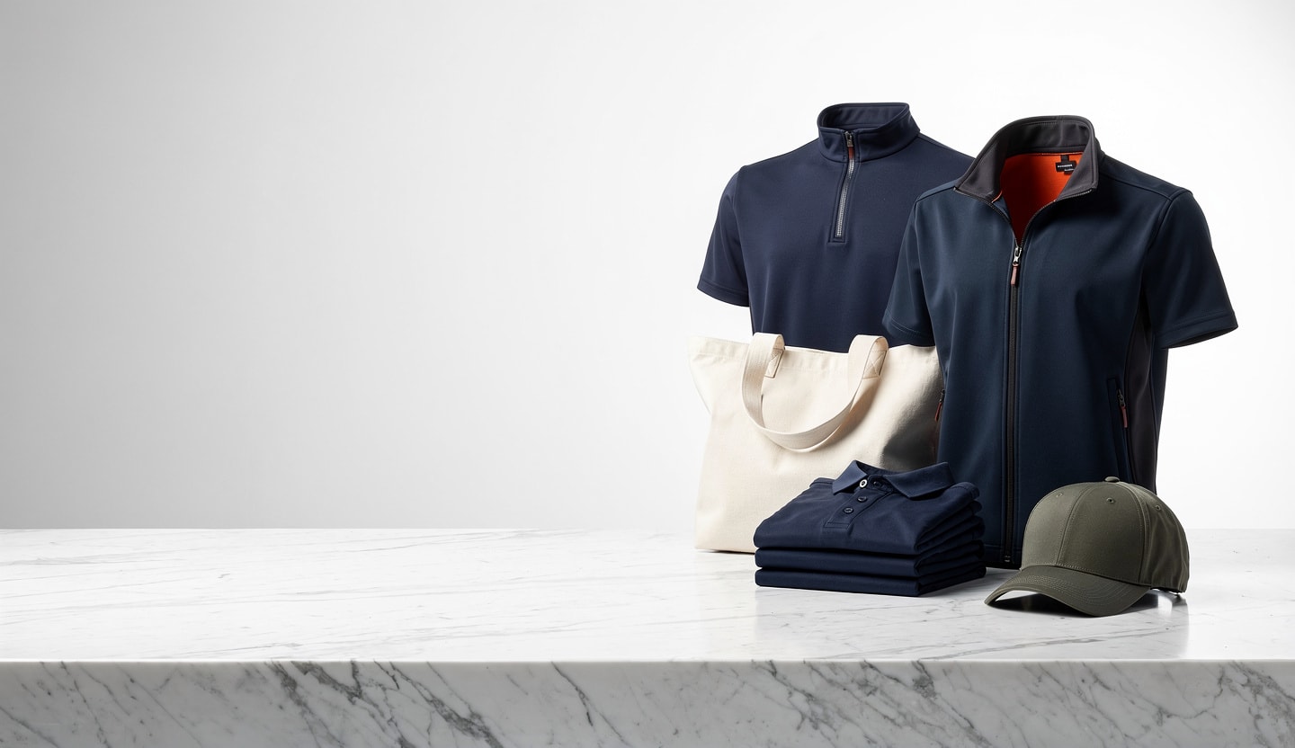 Collection textile B2B premium — polos, vestes, tote bags et casquettes