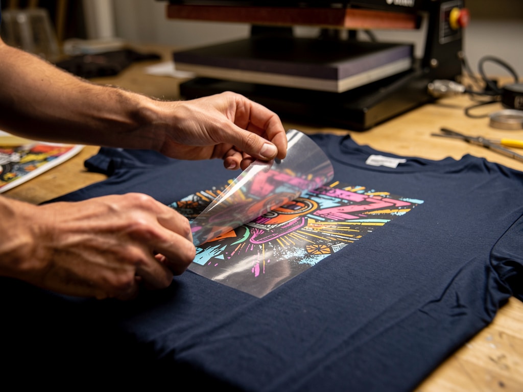 Transfert DTF en cours — film décollé révélant l'impression sur textile